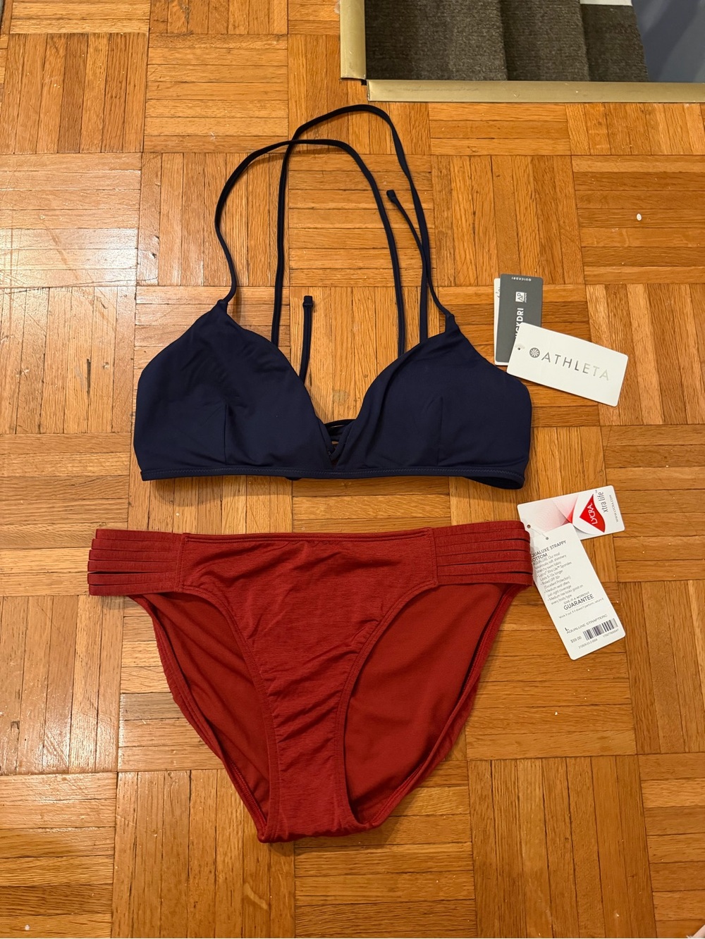 Athleta Navy Strappy Bikini Top & Brick Red Mid-Rise Bottom